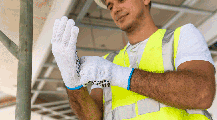 Um homem vestindo um colete de segurança e luvas brancas